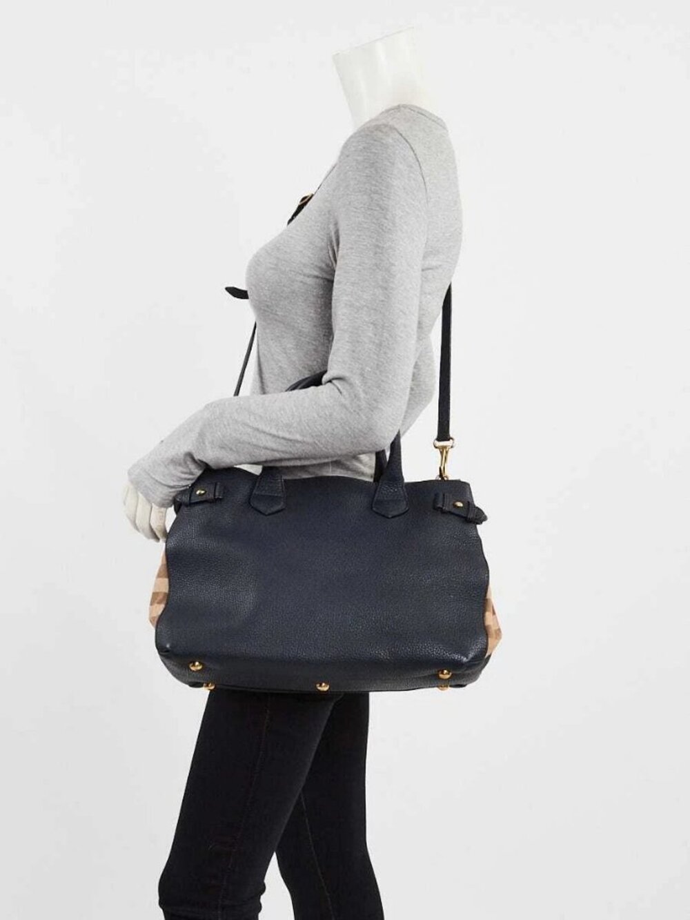Burberry Blue Pebbled Leather House Check Medium Banner Tote Bag - Picture 2 of 12